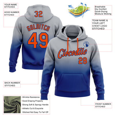 Custom Stitched Gray Orange-Royal Fade Fashion Sports Pullover Sweatshirt Hoodie