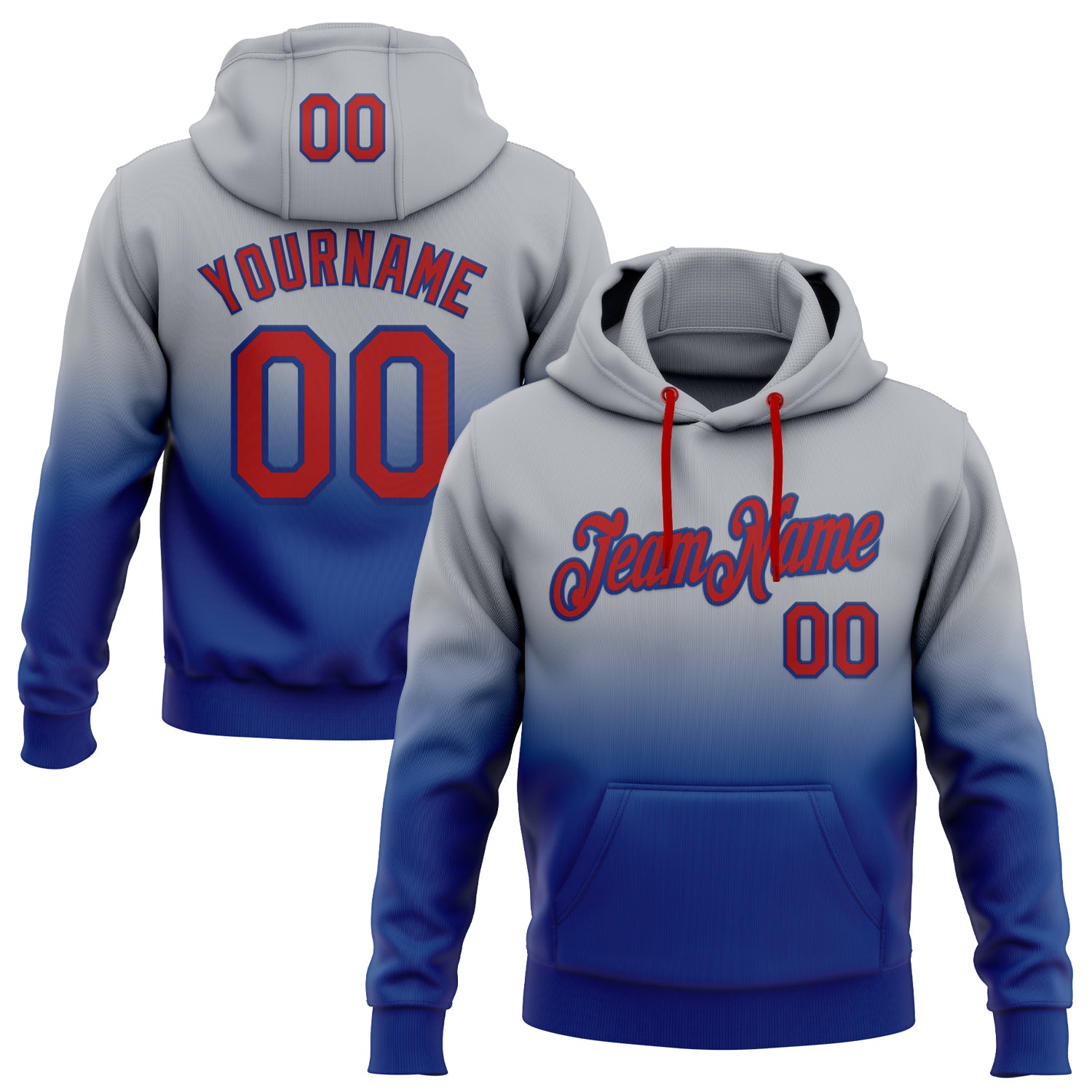 Custom Stitched Gray Red-Royal Fade Fashion Sports Pullover Sweatshirt Hoodie