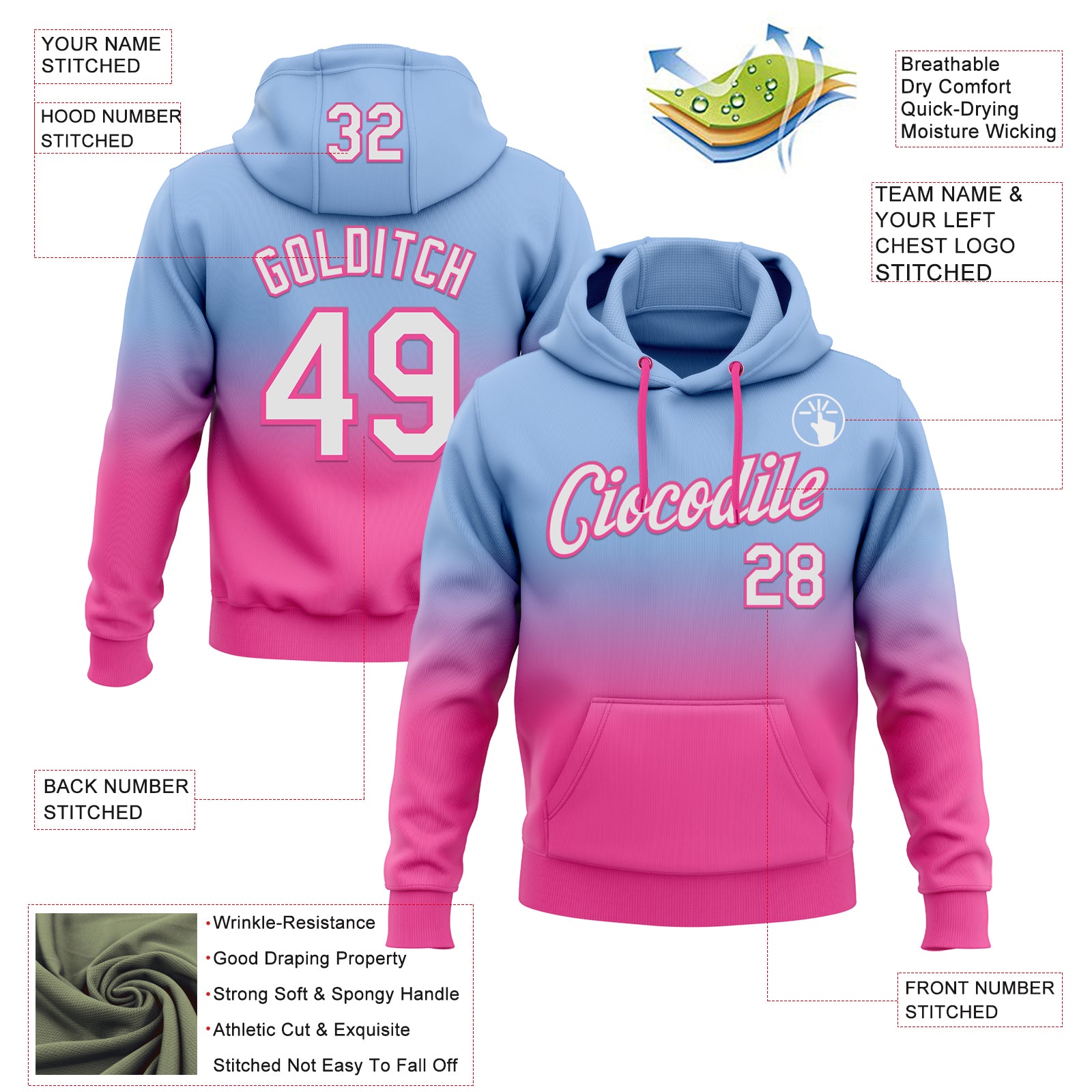 Custom Stitched Light Blue White-Pink Fade Fashion Sports Pullover Sweatshirt Hoodie