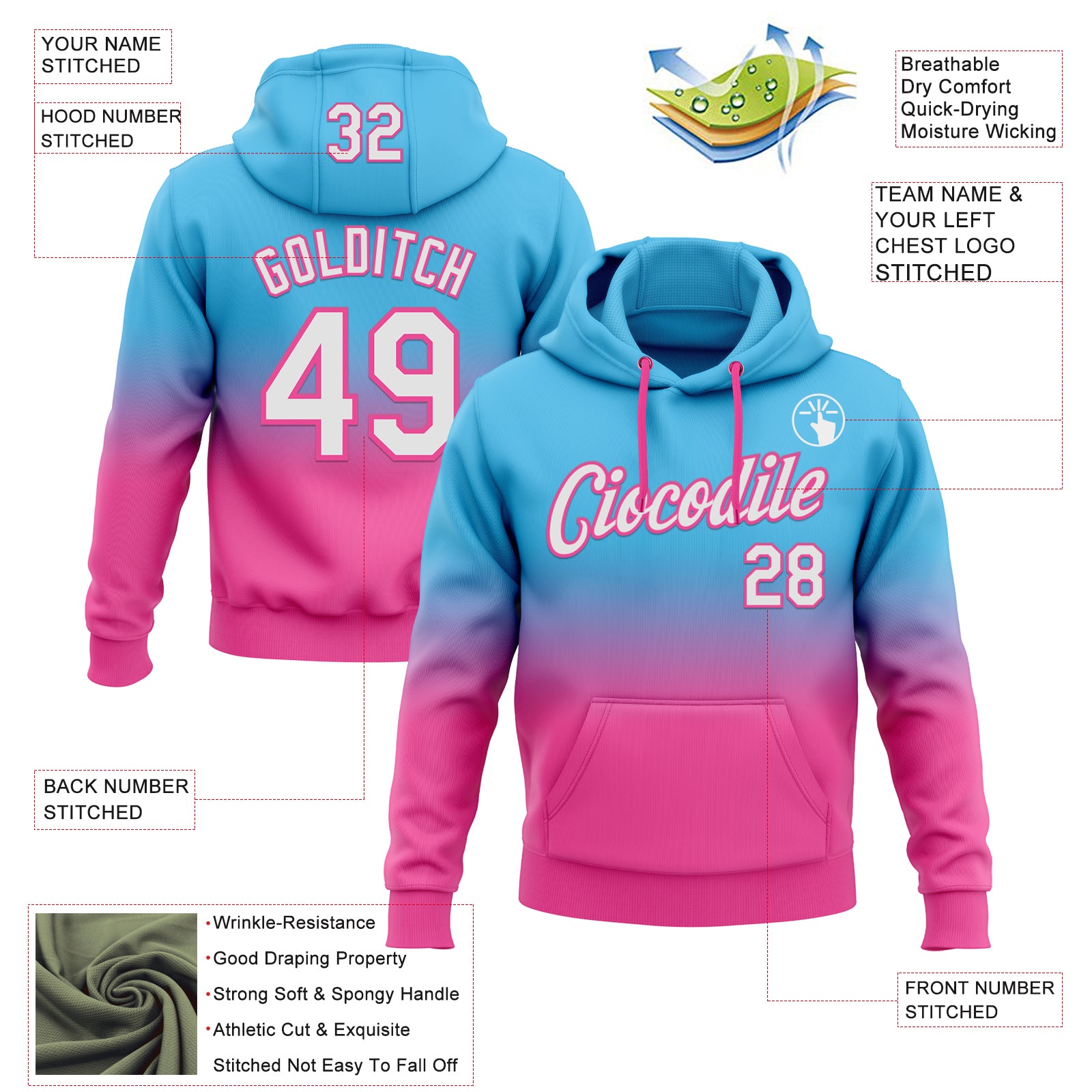 Custom Stitched Sky Blue White-Pink Fade Fashion Sports Pullover Sweatshirt Hoodie