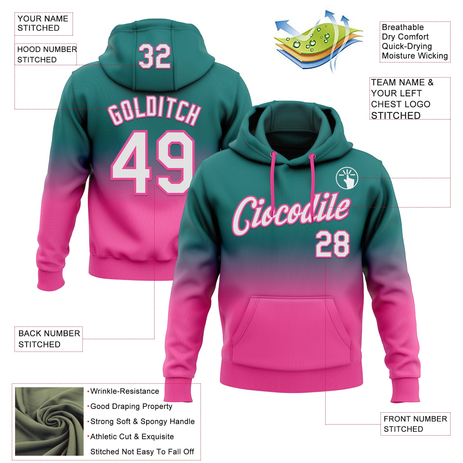 Custom Stitched Teal White-Pink Fade Fashion Sports Pullover Sweatshirt Hoodie