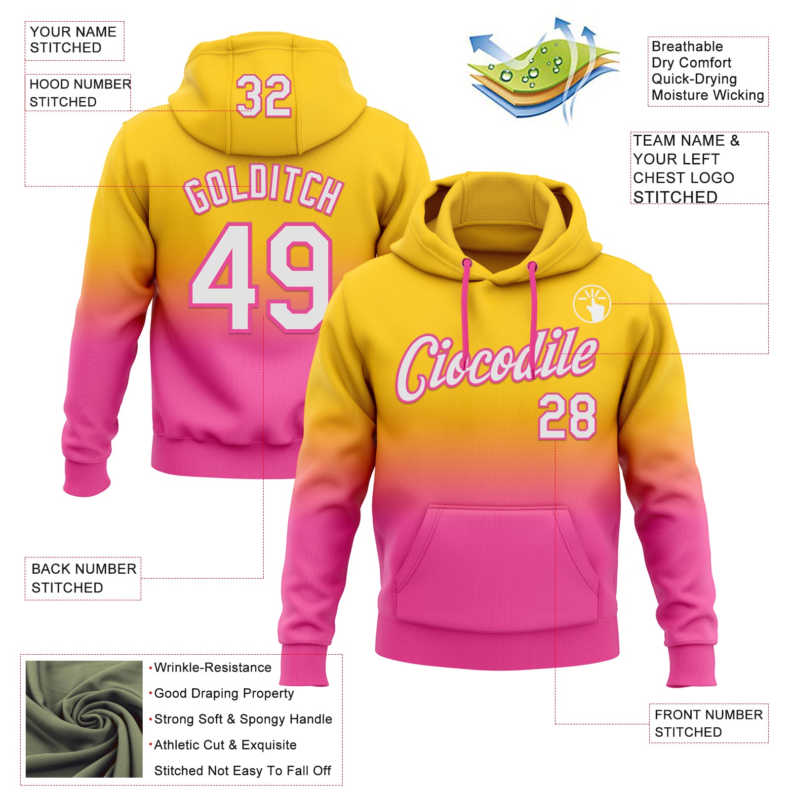 Custom Stitched Yellow White-Pink Fade Fashion Sports Pullover Sweatshirt Hoodie