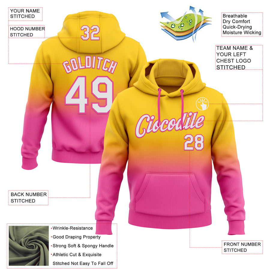 Custom Stitched Yellow White-Pink Fade Fashion Sports Pullover Sweatshirt Hoodie