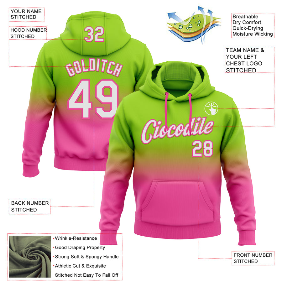Custom Stitched Neon Green White-Pink Fade Fashion Sports Pullover Sweatshirt Hoodie