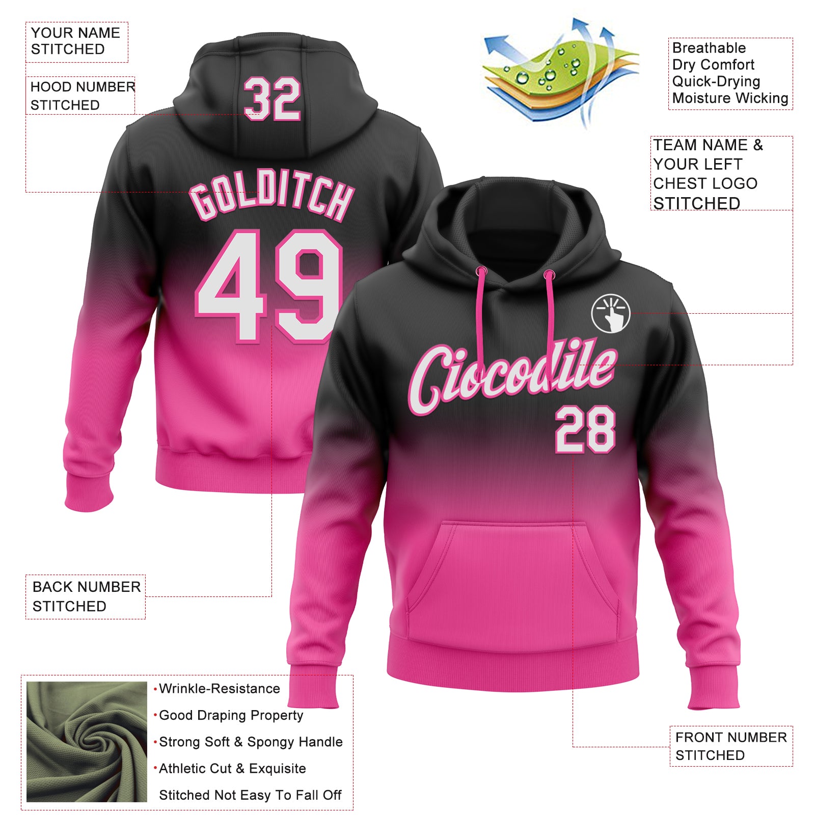 Custom Stitched Black White-Pink Fade Fashion Sports Pullover Sweatshirt Hoodie