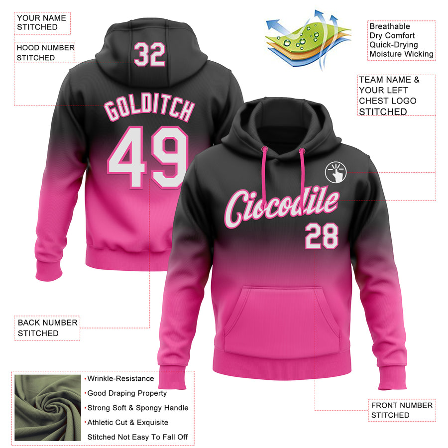 Custom Stitched Black White-Pink Fade Fashion Sports Pullover Sweatshirt Hoodie