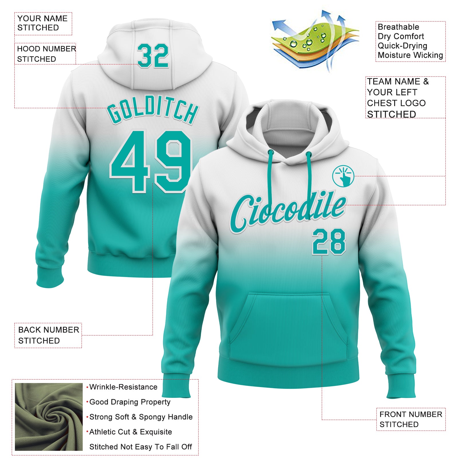 Custom Stitched White Aqua Fade Fashion Sports Pullover Sweatshirt Hoodie
