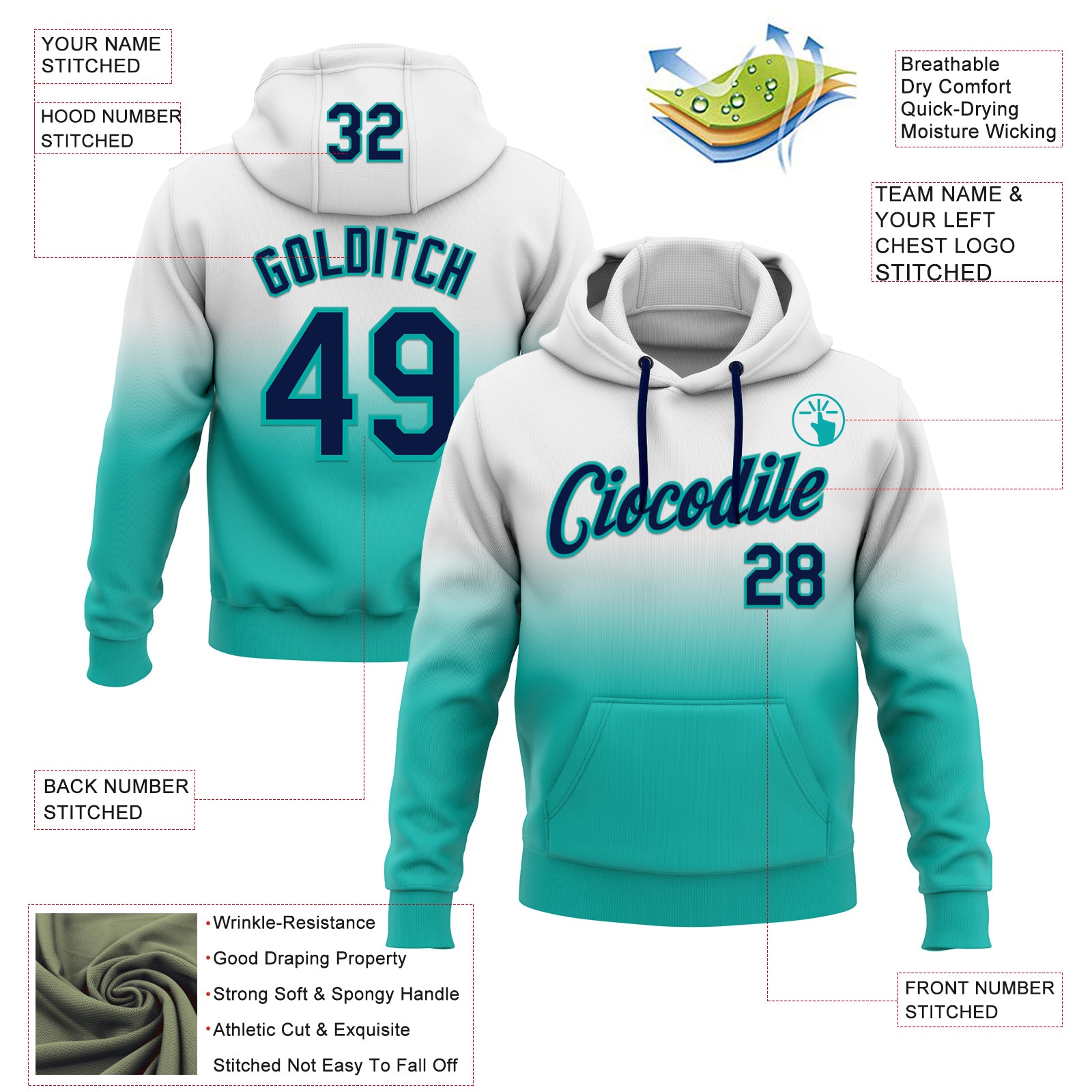 Custom Stitched White Navy-Aqua Fade Fashion Sports Pullover Sweatshirt Hoodie