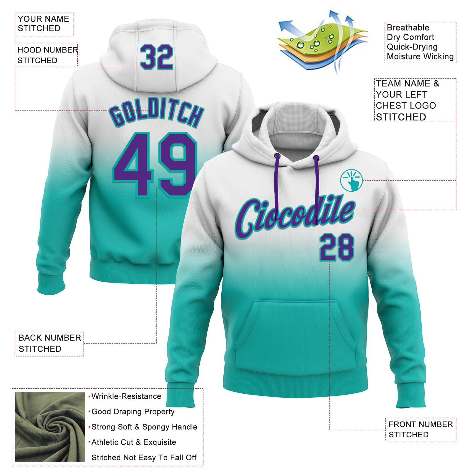 Custom Stitched White Purple-Aqua Fade Fashion Sports Pullover Sweatshirt Hoodie