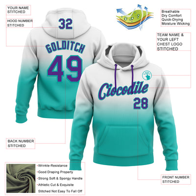 Custom Stitched White Purple-Aqua Fade Fashion Sports Pullover Sweatshirt Hoodie