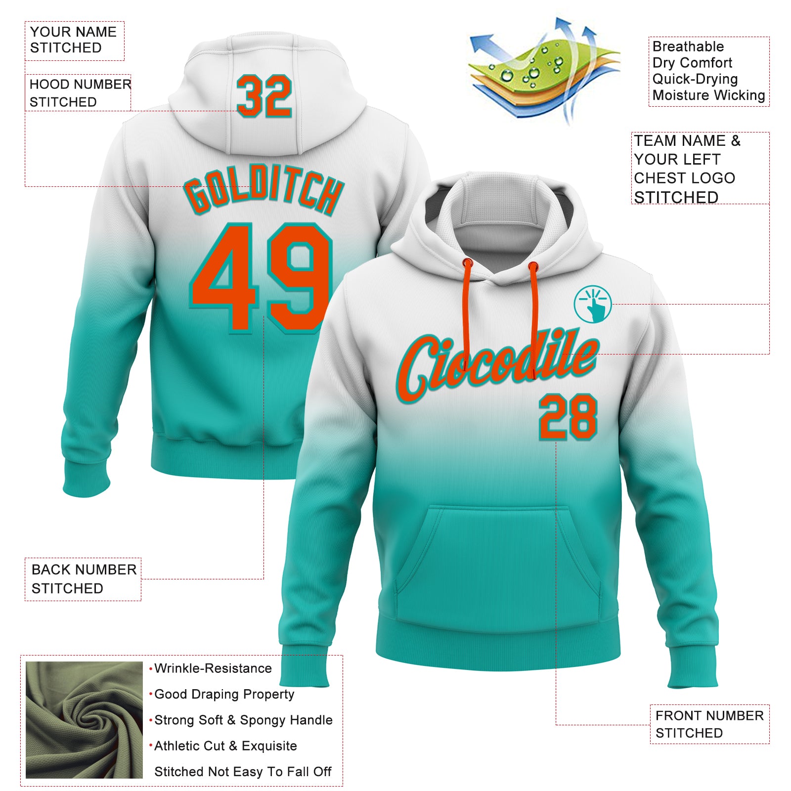 Custom Stitched White Orange-Aqua Fade Fashion Sports Pullover Sweatshirt Hoodie