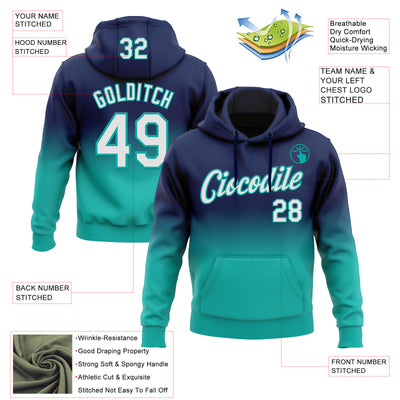 Custom Stitched Navy White-Aqua Fade Fashion Sports Pullover Sweatshirt Hoodie