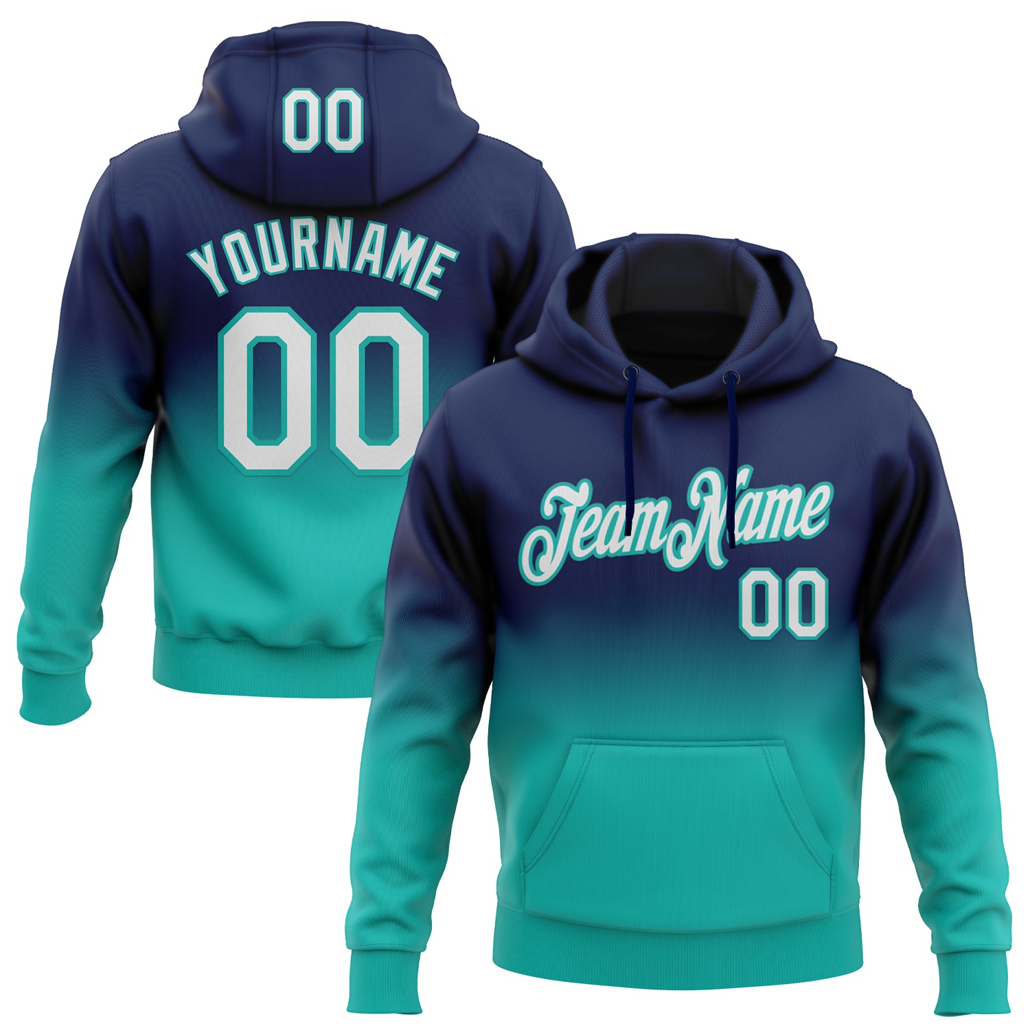 Custom Stitched Navy White-Aqua Fade Fashion Sports Pullover Sweatshirt Hoodie
