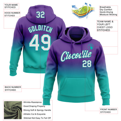 Custom Stitched Purple White-Aqua Fade Fashion Sports Pullover Sweatshirt Hoodie