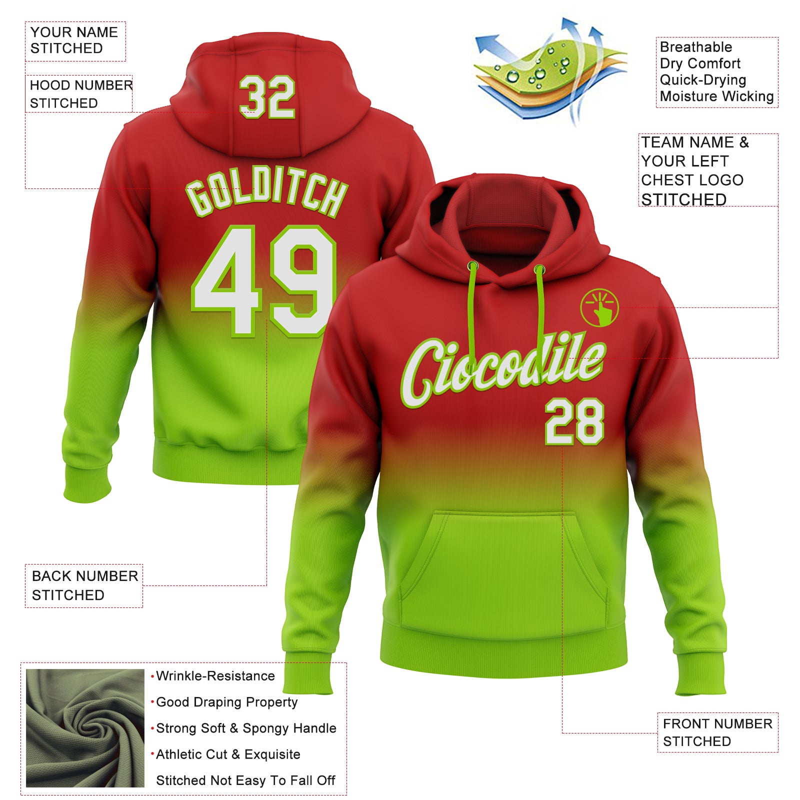 Custom Stitched Red White-Neon Green Fade Fashion Sports Pullover Sweatshirt Hoodie