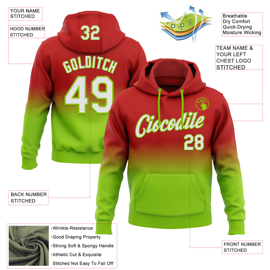 Custom Stitched Red White-Neon Green Fade Fashion Sports Pullover Sweatshirt Hoodie