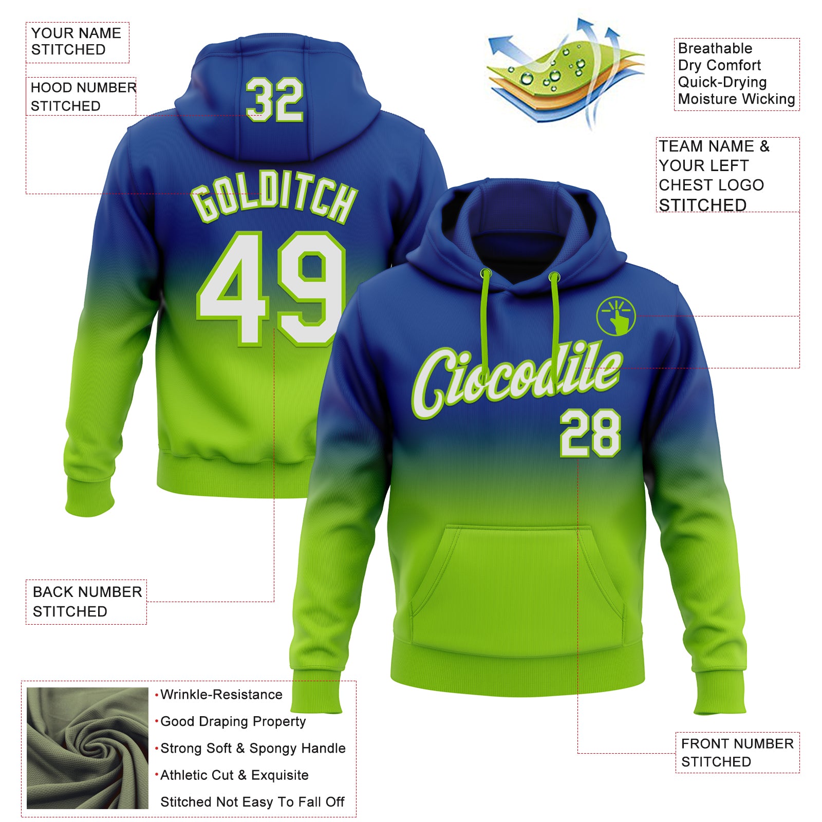 Custom Stitched Royal White-Neon Green Fade Fashion Sports Pullover Sweatshirt Hoodie