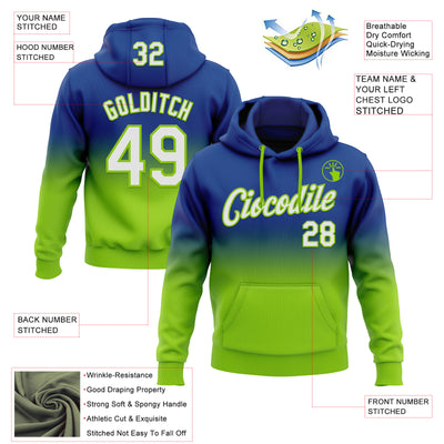 Custom Stitched Royal White-Neon Green Fade Fashion Sports Pullover Sweatshirt Hoodie