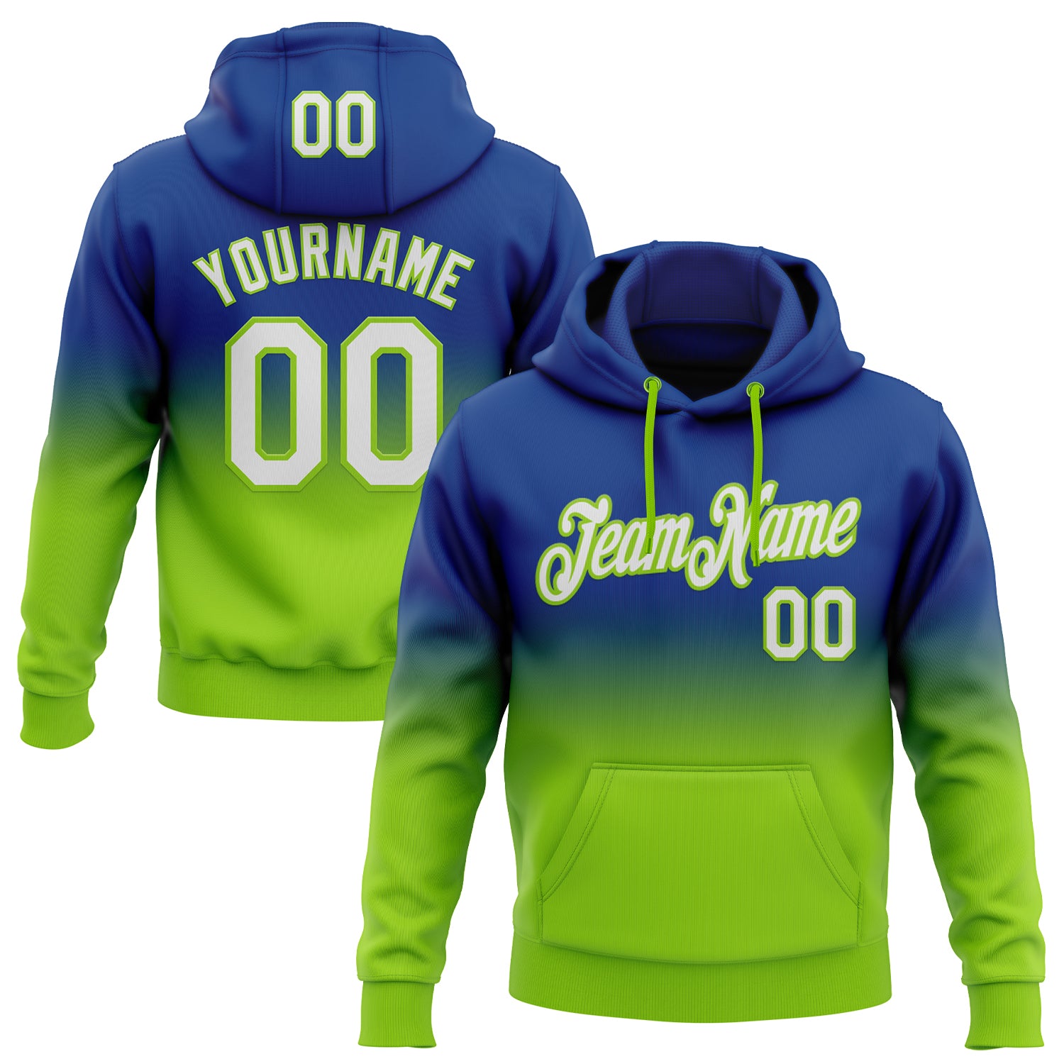 Custom Stitched Royal White-Neon Green Fade Fashion Sports Pullover Sweatshirt Hoodie