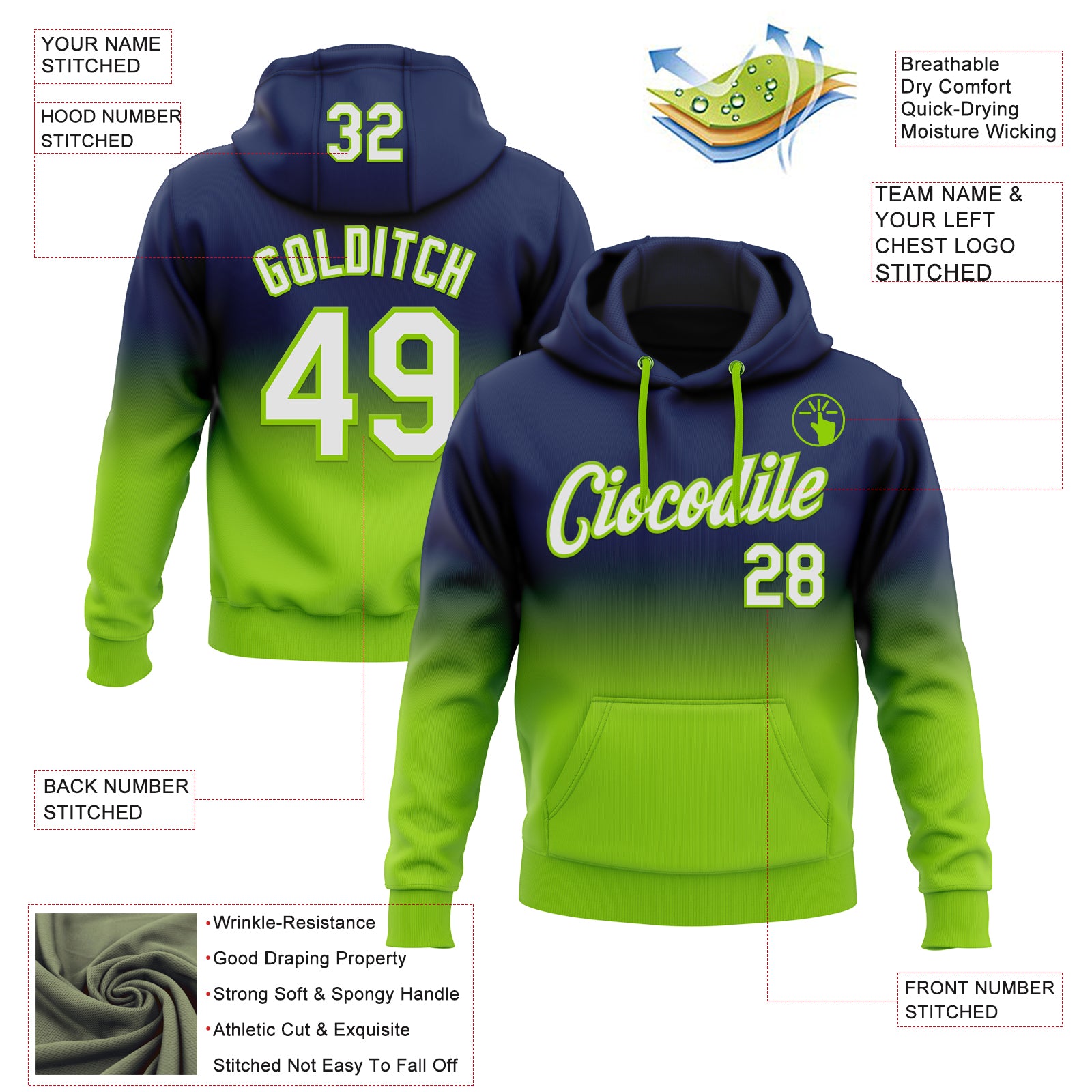 Custom Stitched Navy White-Neon Green Fade Fashion Sports Pullover Sweatshirt Hoodie