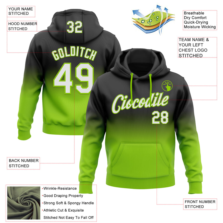 Custom Stitched Black White-Neon Green Fade Fashion Sports Pullover Sweatshirt Hoodie