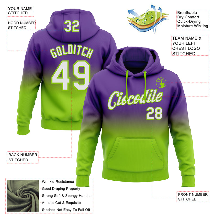Custom Stitched Purple White-Neon Green Fade Fashion Sports Pullover Sweatshirt Hoodie