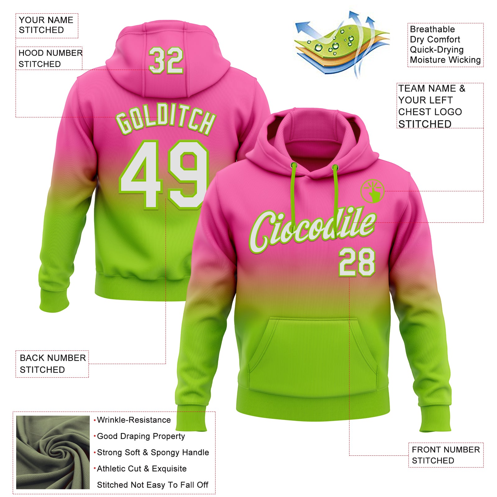 Custom Stitched Pink White-Neon Green Fade Fashion Sports Pullover Sweatshirt Hoodie