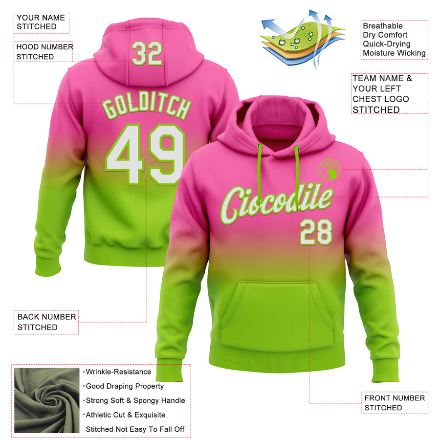 Custom Stitched Pink White-Neon Green Fade Fashion Sports Pullover Sweatshirt Hoodie