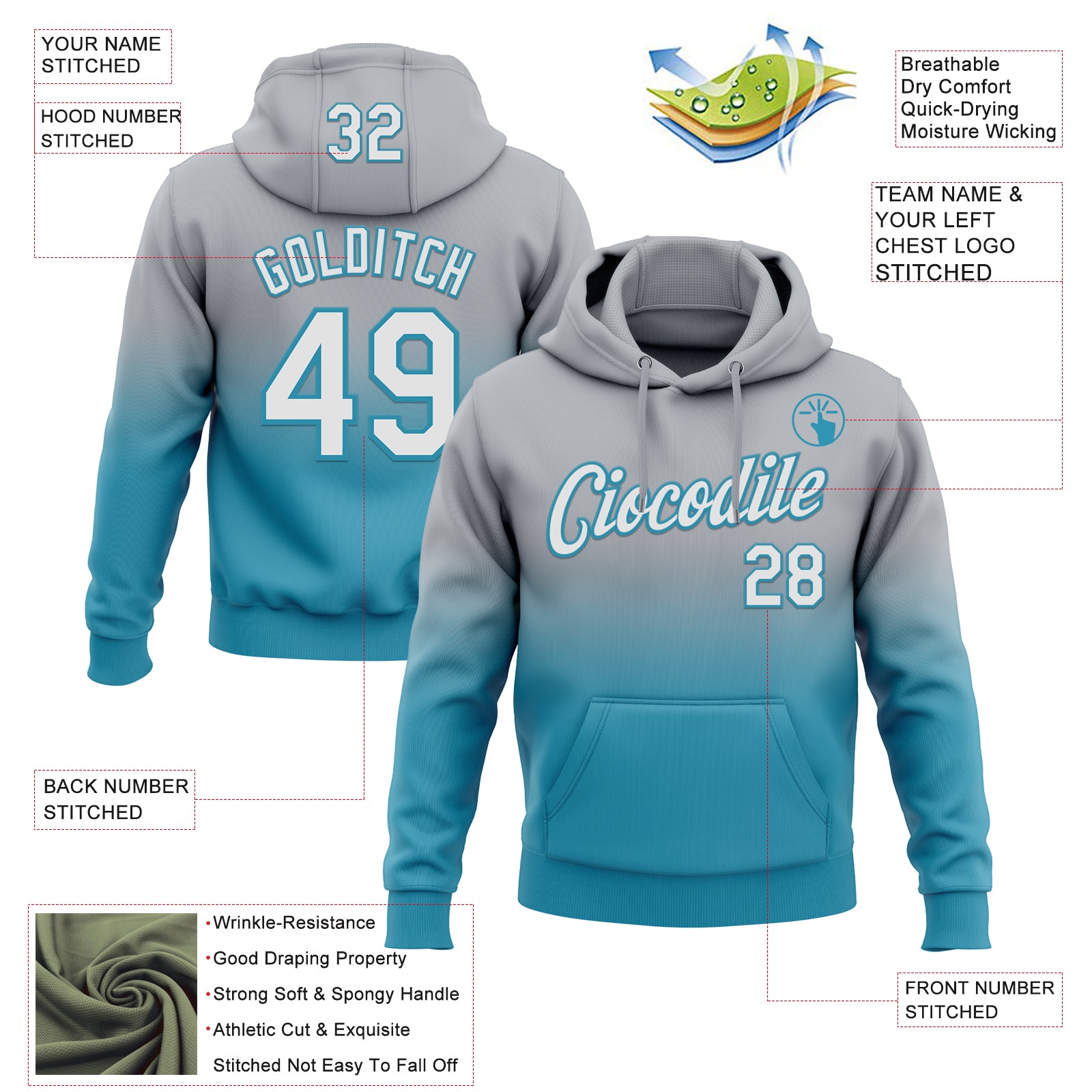 Custom Stitched Gray White-Panther Blue Fade Fashion Sports Pullover Sweatshirt Hoodie