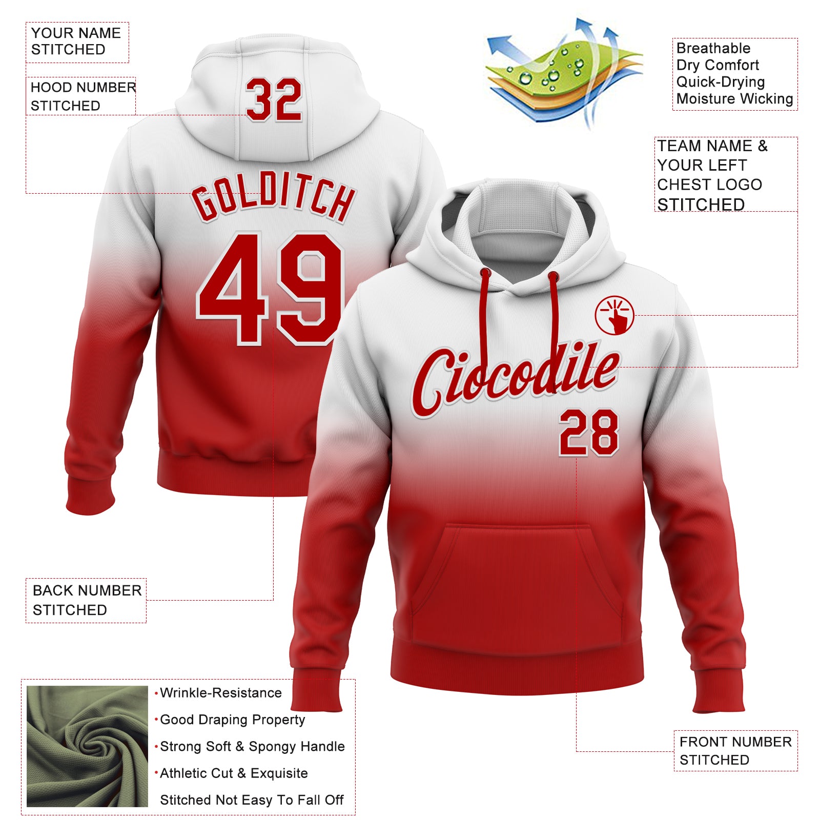 Custom Stitched White Red Fade Fashion Sports Pullover Sweatshirt Hoodie