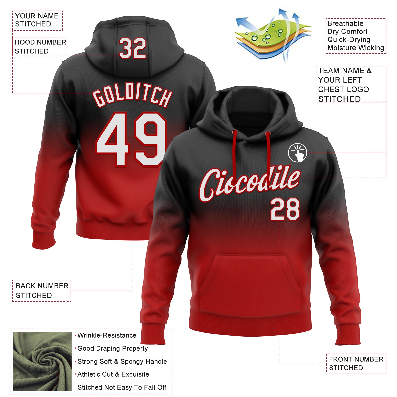 Custom Stitched Black White-Red Fade Fashion Sports Pullover Sweatshirt Hoodie