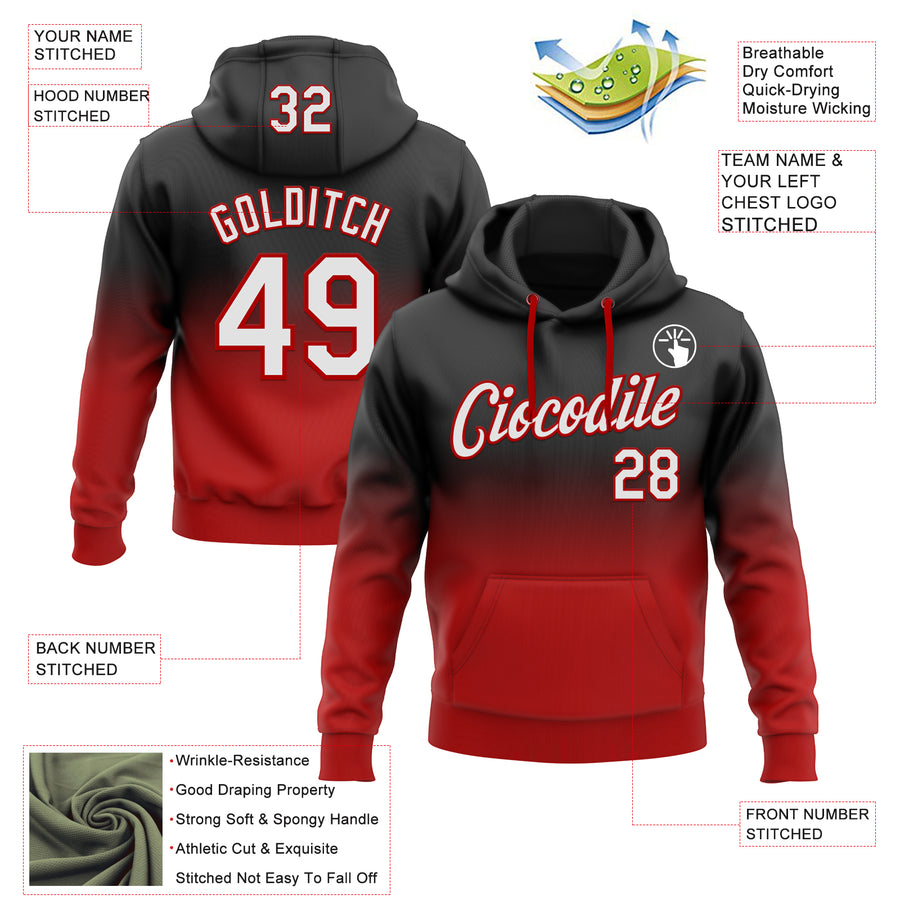 Custom Stitched Black White-Red Fade Fashion Sports Pullover Sweatshirt Hoodie