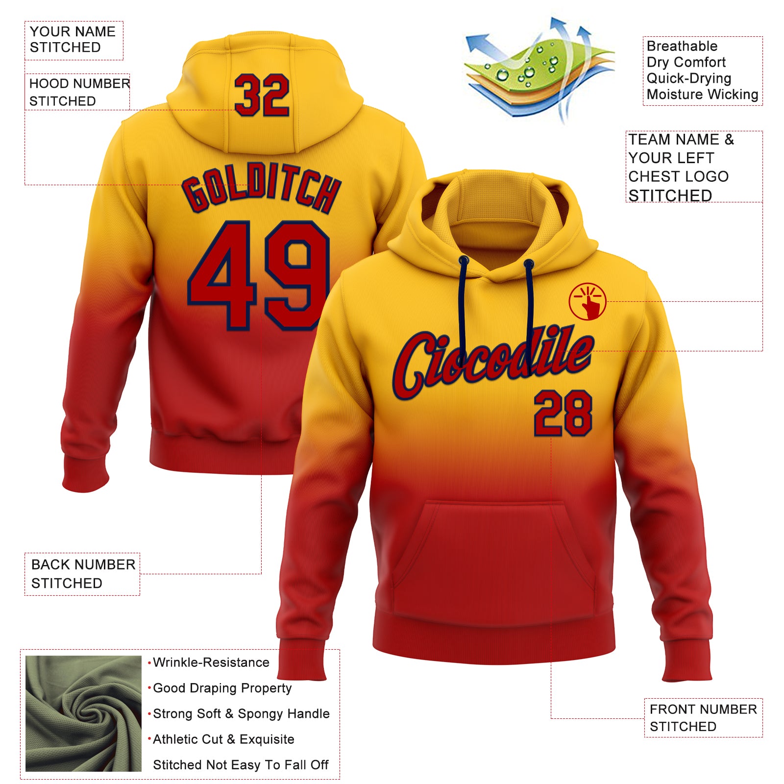 Custom Stitched Gold Red-Navy Fade Fashion Sports Pullover Sweatshirt Hoodie