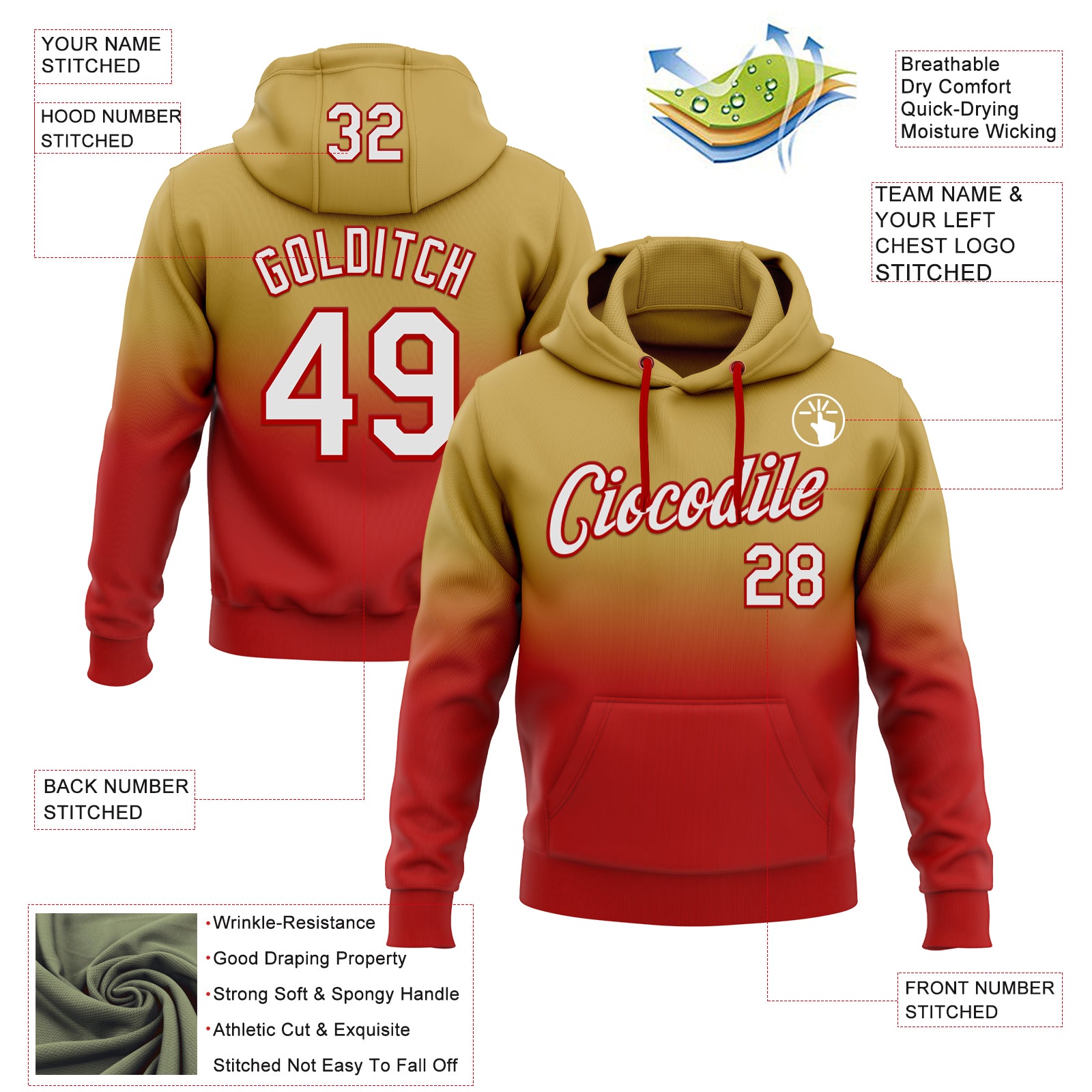 Custom Stitched Old Gold White-Red Fade Fashion Sports Pullover Sweatshirt Hoodie