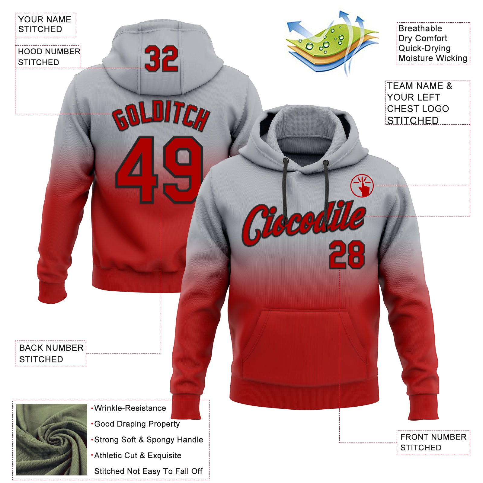 Custom Stitched Gray Red-Black Fade Fashion Sports Pullover Sweatshirt Hoodie