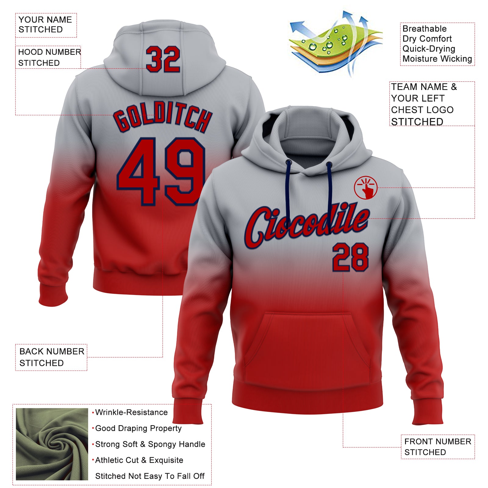 Custom Stitched Gray Red-Navy Fade Fashion Sports Pullover Sweatshirt Hoodie