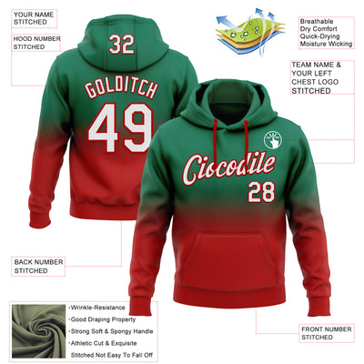 Custom Stitched Kelly Green White-Red Fade Fashion Sports Pullover Sweatshirt Hoodie