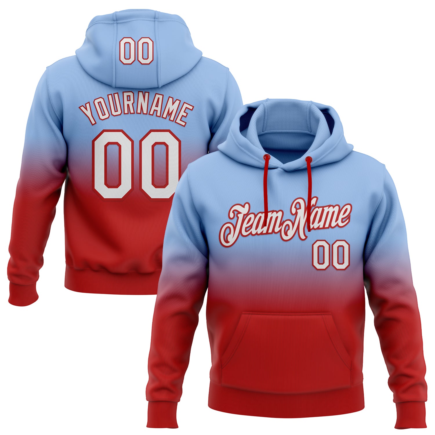 Custom Stitched Light Blue White-Red Fade Fashion Sports Pullover Sweatshirt Hoodie