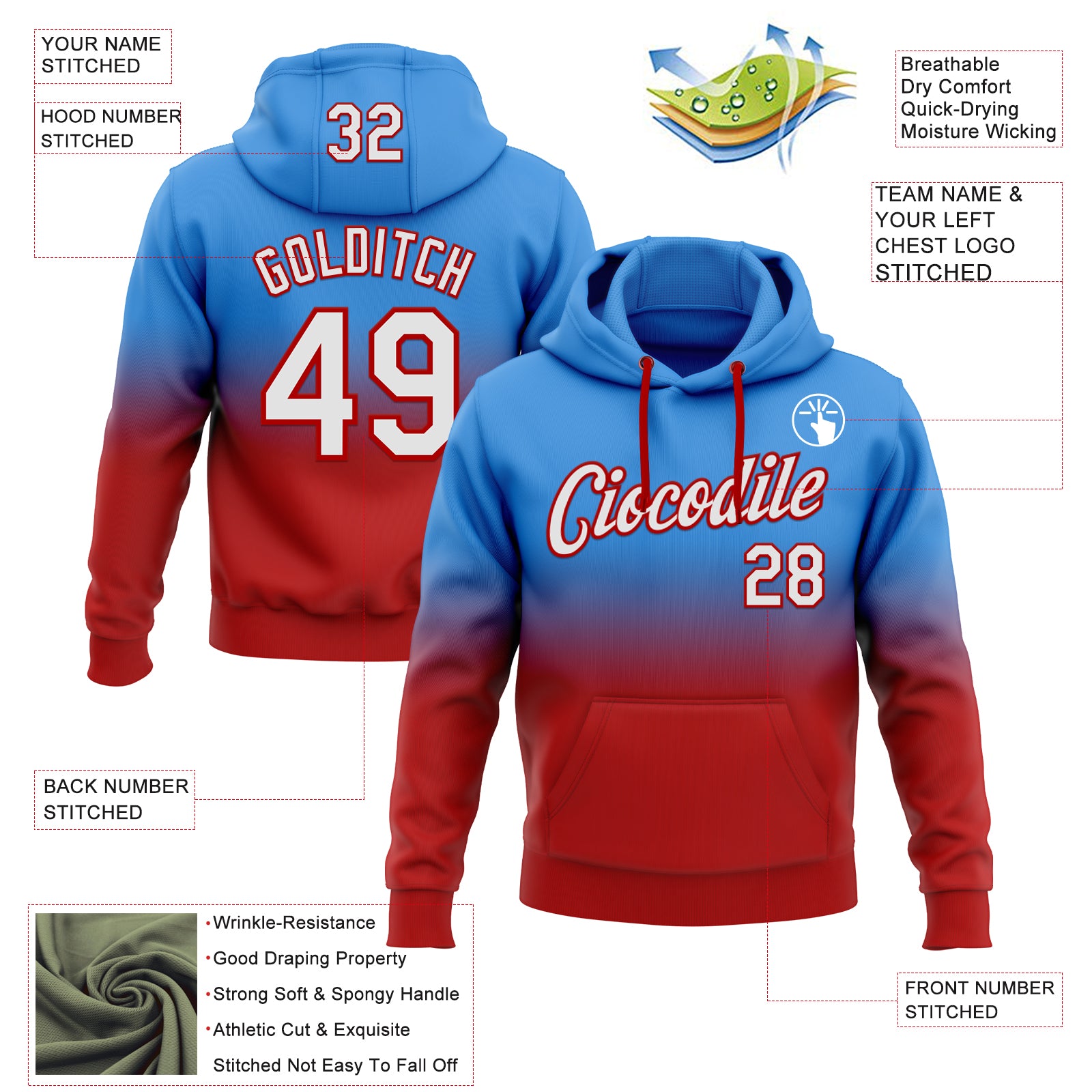 Custom Stitched Powder Blue White-Red Fade Fashion Sports Pullover Sweatshirt Hoodie