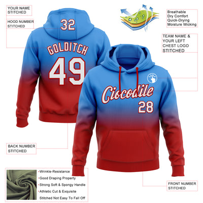 Custom Stitched Powder Blue White-Red Fade Fashion Sports Pullover Sweatshirt Hoodie