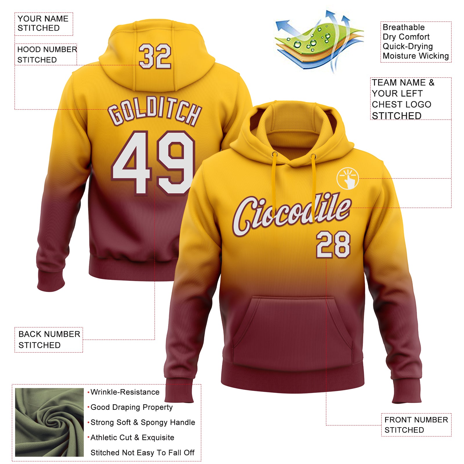Custom Stitched Gold White-Burgundy Fade Fashion Sports Pullover Sweatshirt Hoodie