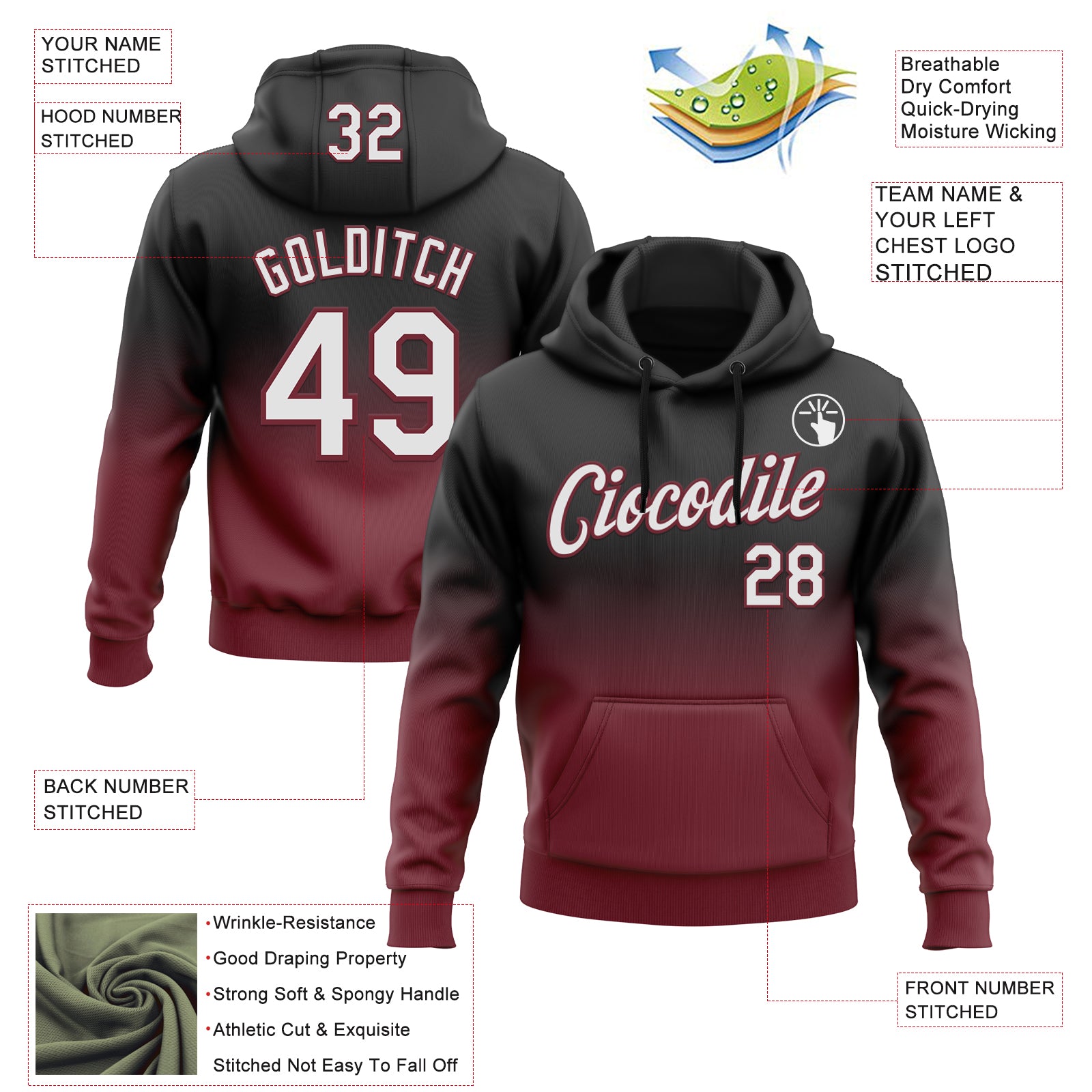 Custom Stitched Black White-Burgundy Fade Fashion Sports Pullover Sweatshirt Hoodie