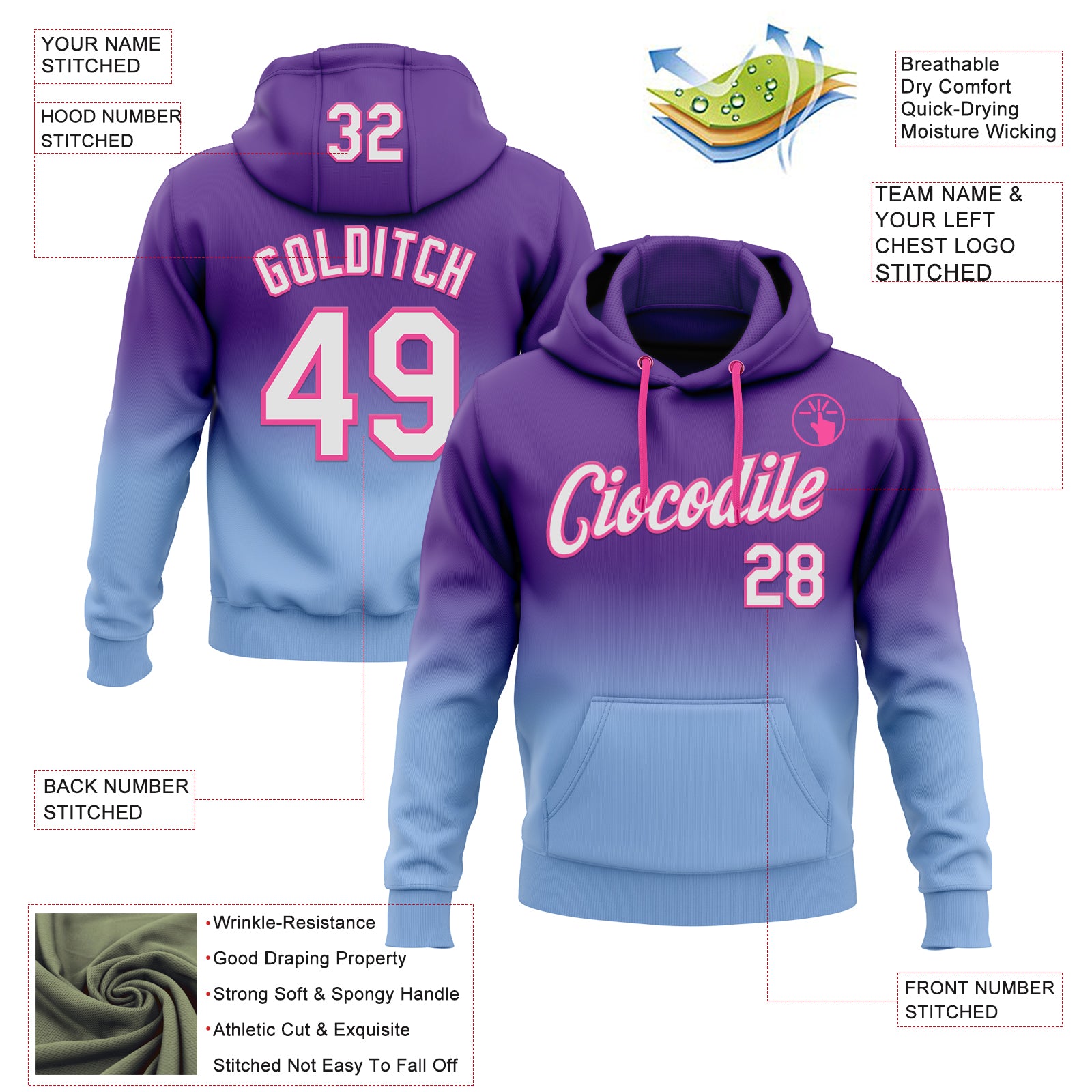 Custom Stitched Purple White Light Blue-Pink Fade Fashion Sports Pullover Sweatshirt Hoodie