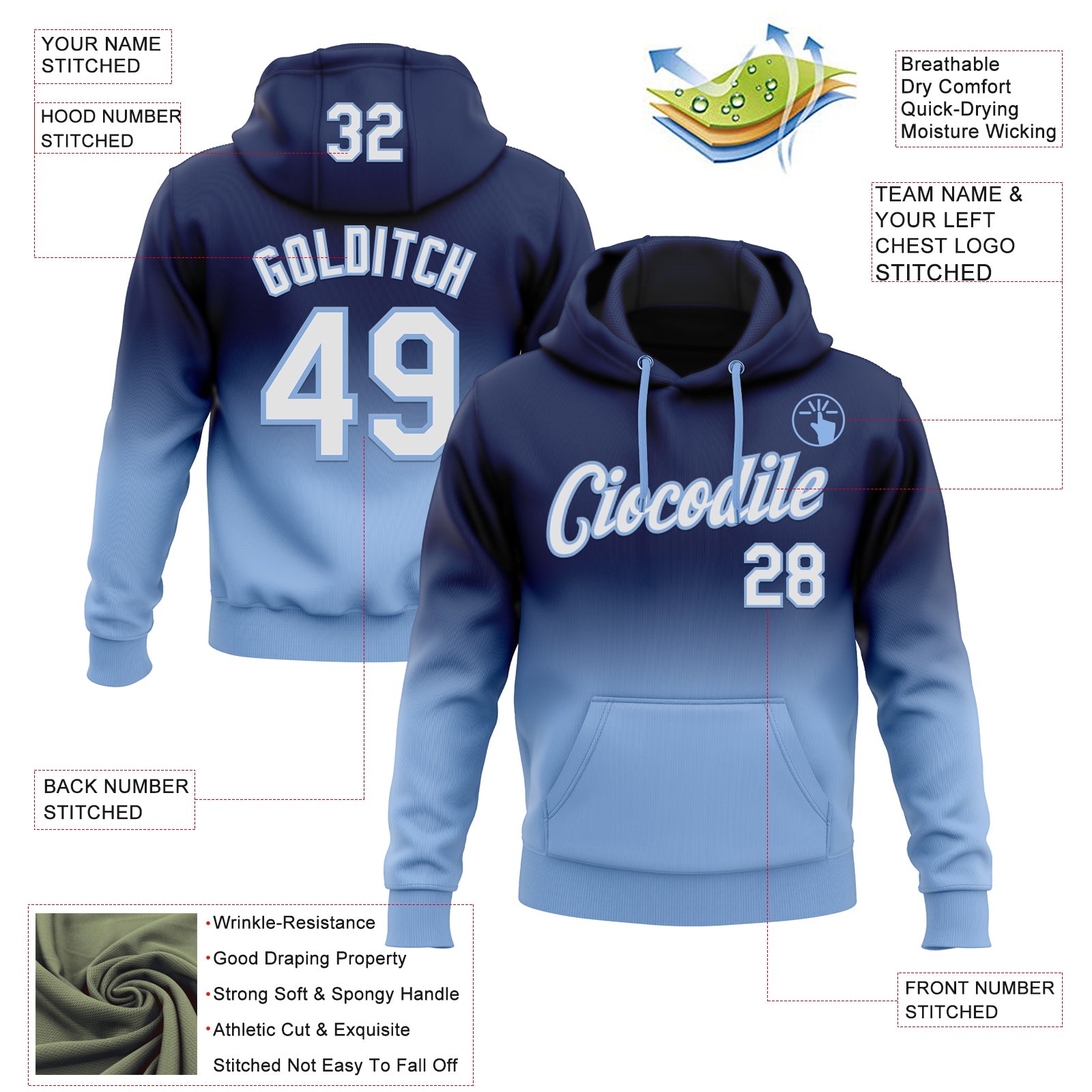 Custom Stitched Navy White-Light Blue Fade Fashion Sports Pullover Sweatshirt Hoodie