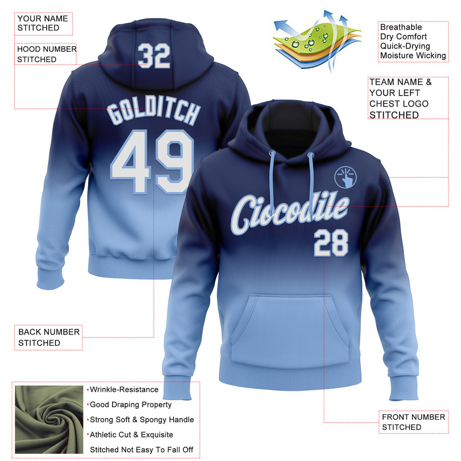 Custom Stitched Navy White-Light Blue Fade Fashion Sports Pullover Sweatshirt Hoodie