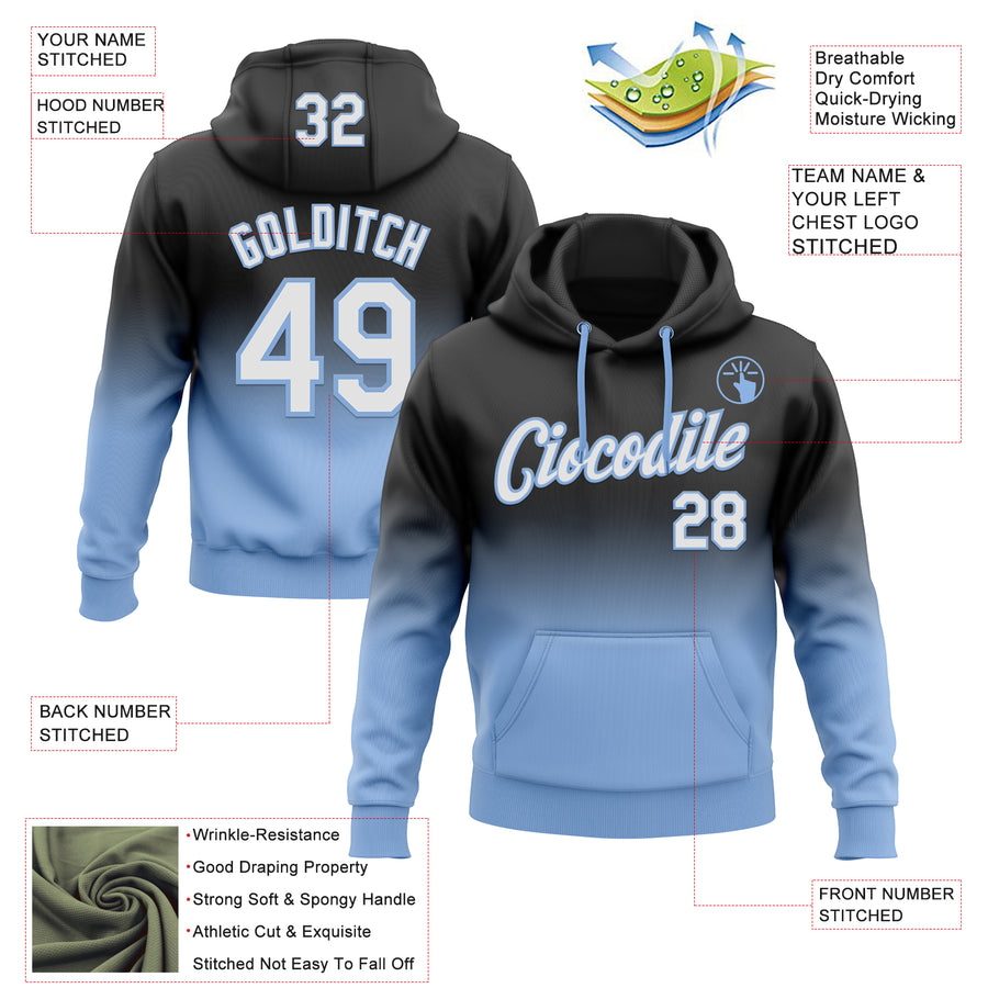 Custom Stitched Black White-Light Blue Fade Fashion Sports Pullover Sweatshirt Hoodie