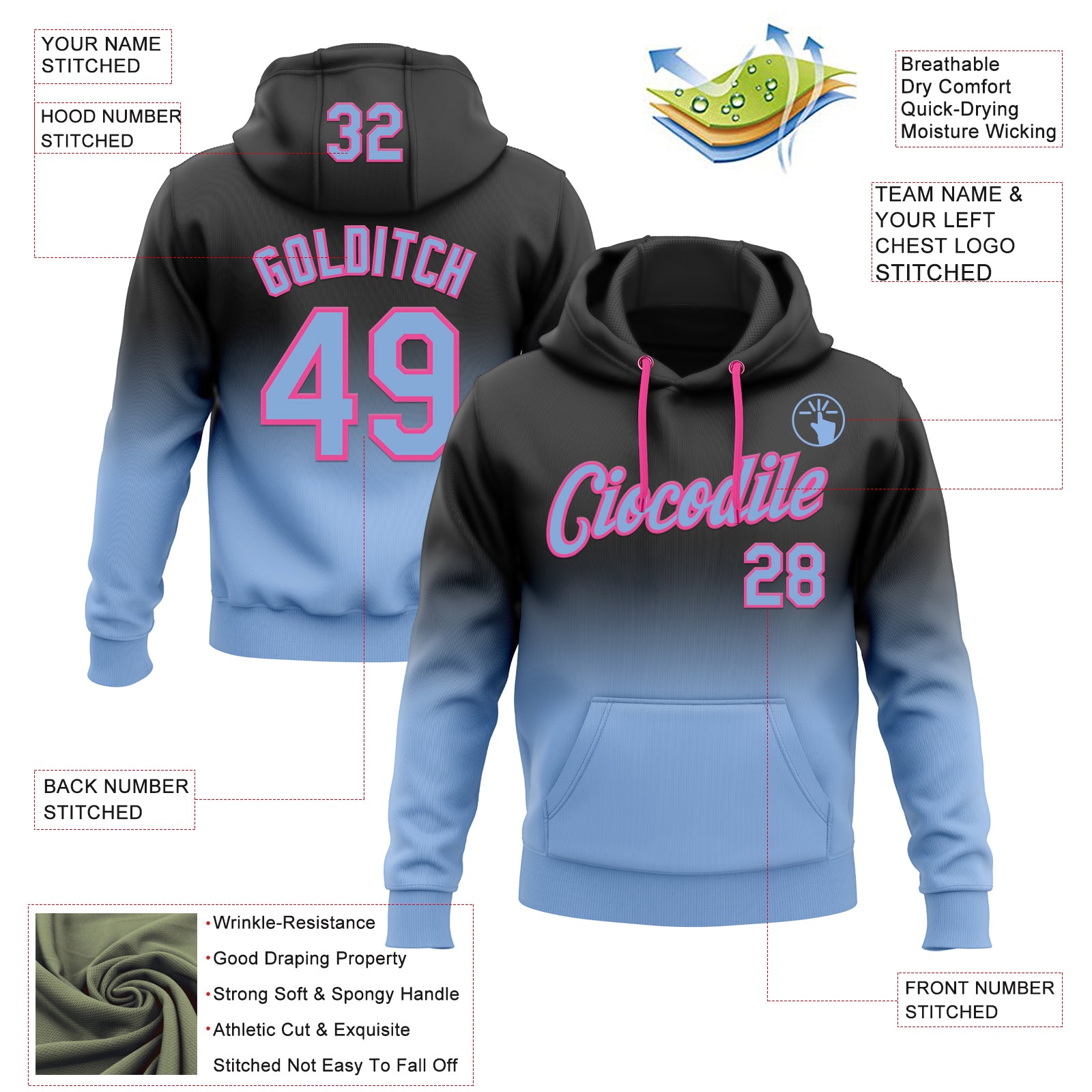Custom Stitched Black Light Blue-Pink Fade Fashion Sports Pullover Sweatshirt Hoodie