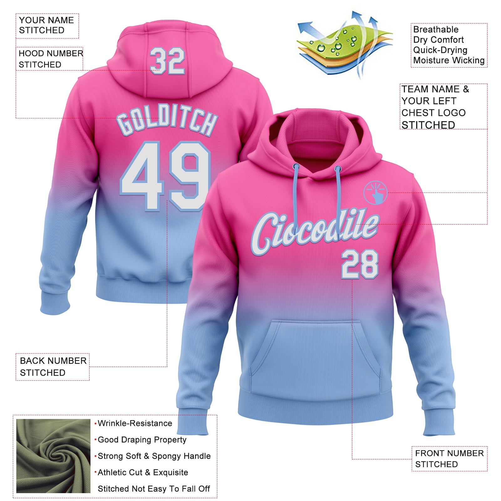 Custom Stitched Pink White-Light Blue Fade Fashion Sports Pullover Sweatshirt Hoodie