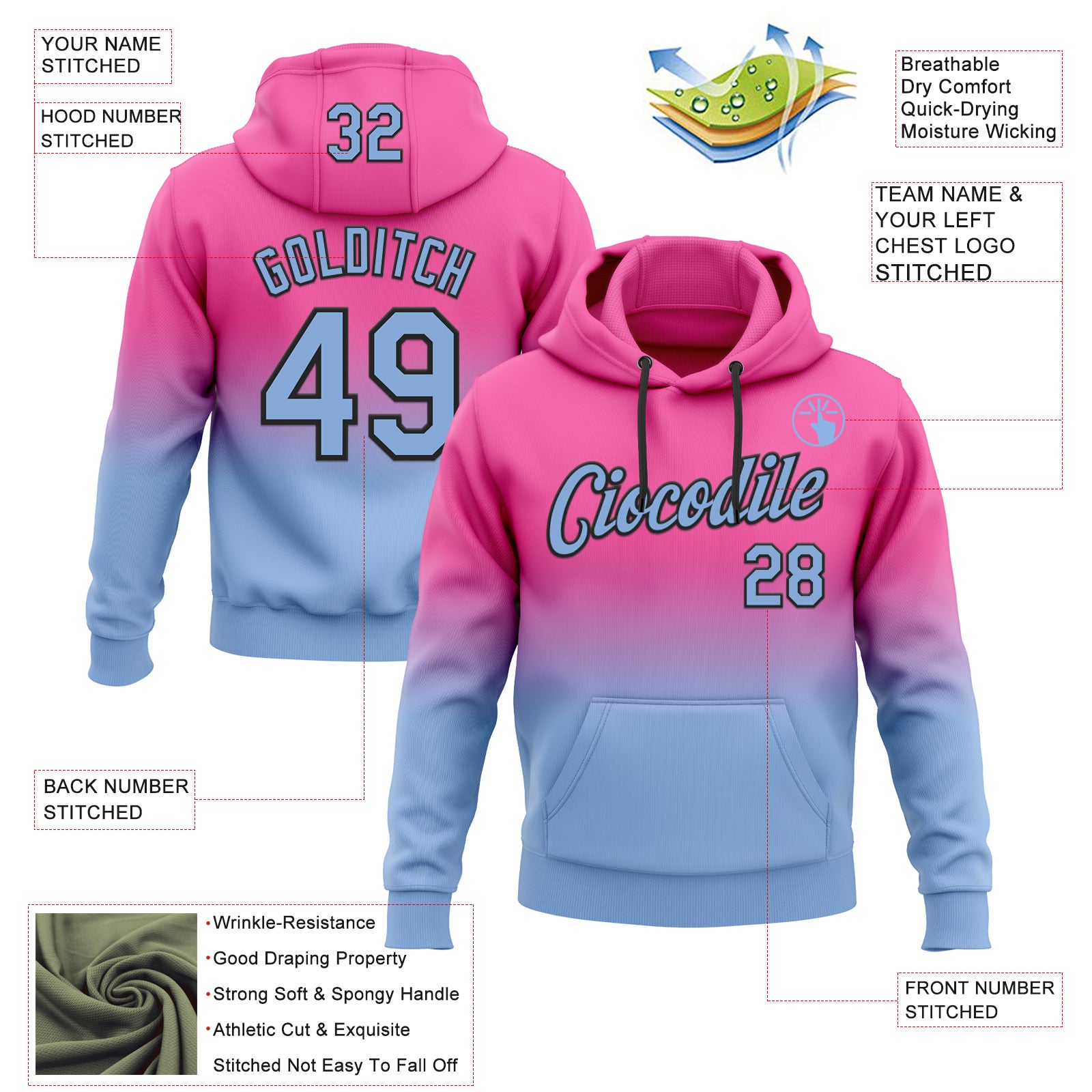 Custom Stitched Pink Light Blue-Black Fade Fashion Sports Pullover Sweatshirt Hoodie