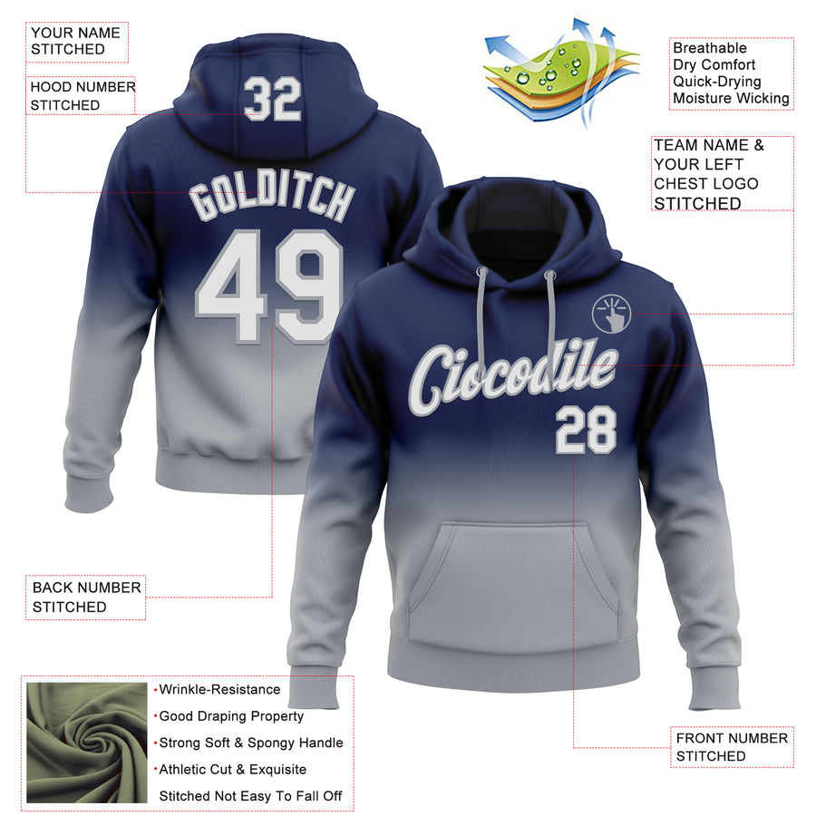 Custom Stitched Navy White-Gray Fade Fashion Sports Pullover Sweatshirt Hoodie